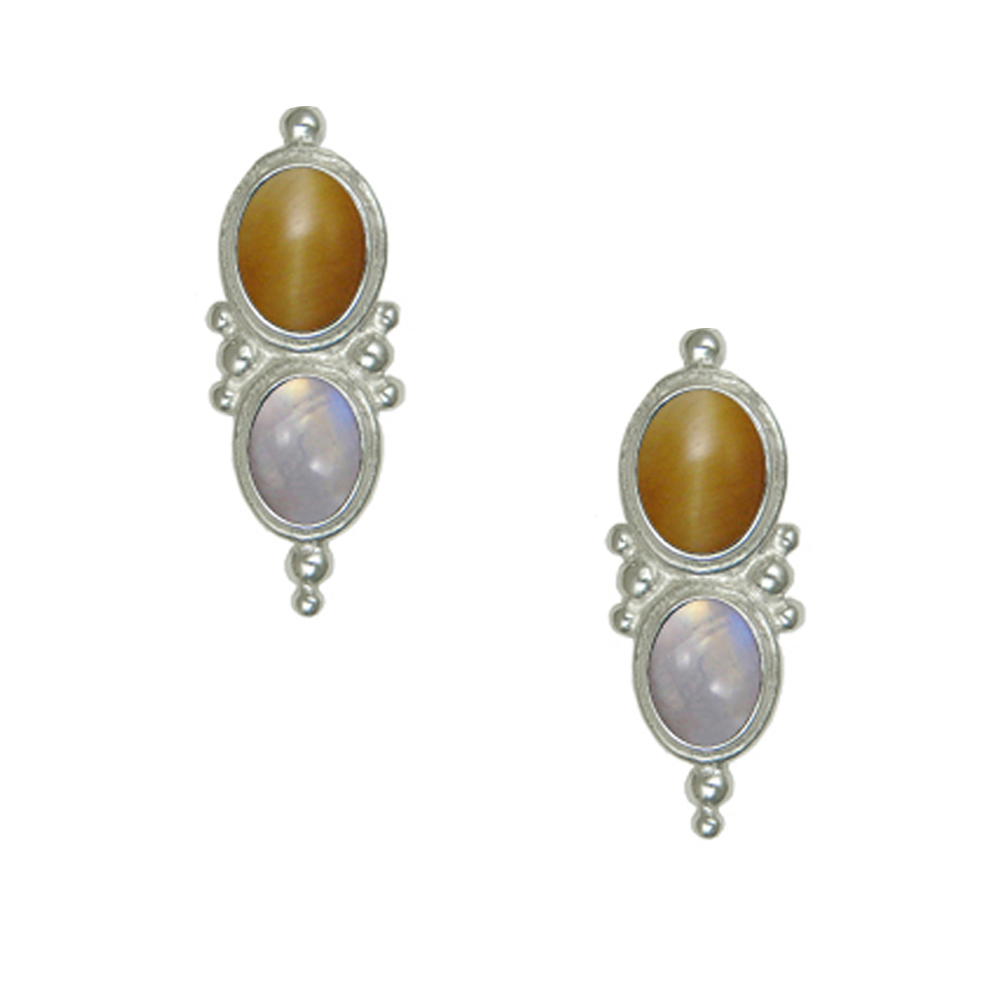 Sterling Silver Drop Dangle Earrings With Honey Tiger Eye And Rainbow Moonstone